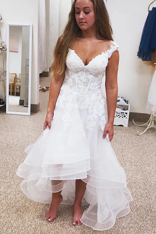 Applique - adorned mermaid wedding dressHigh-Low V-Neck A-line White Wedding Dress with Lace