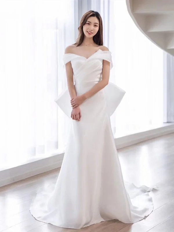 Pearl - studded wedding dress for a refined lookOff Shoulder Satin Popular Wedding Dresses, A-line Wedding Dresses, Popular Bridal Gowns Pearl - studded wedding dress for a refined lookOff Shoulder Satin Popular Wedding Dresses, A-line Wedding Dresses, Popular Bridal Gowns