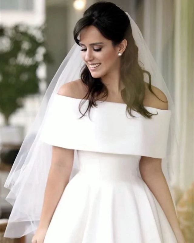 Colorful non - white wedding dress for a bold brideOff Shoulder Satin Wedding Dresses Front Short Long In Back Colorful non - white wedding dress for a bold brideOff Shoulder Satin Wedding Dresses Front Short Long In Back