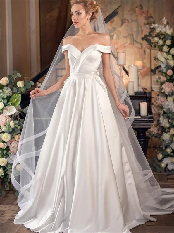 Church - suitable long - sleeved wedding dressOff the Shoulder Ivory Satin Wedding Dresses, Simple Elegant Wedding Dresses with Pockets, 2021 Wedding Dresses, A-line Wedding Dresses Church - suitable long - sleeved wedding dressOff the Shoulder Ivory Satin Wedding Dresses, Simple Elegant Wedding Dresses with Pockets, 2021 Wedding Dresses, A-line Wedding Dresses