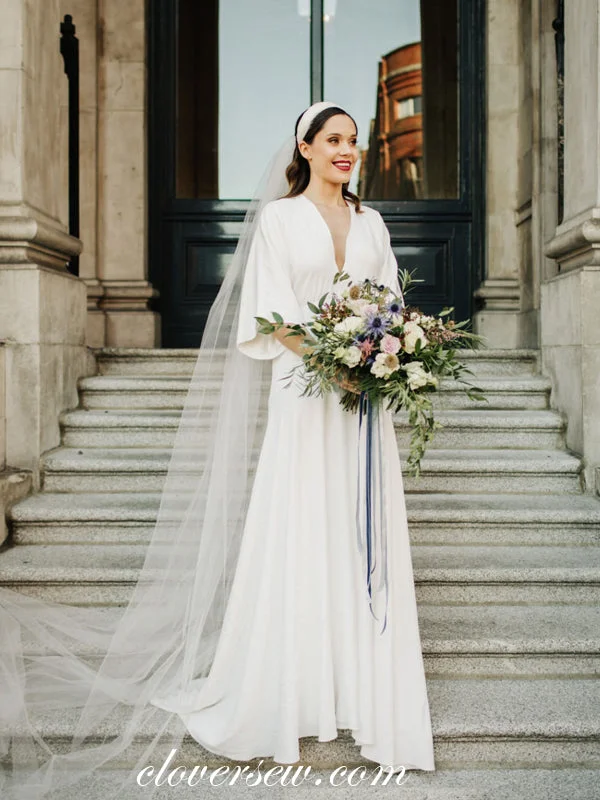 Empire - waisted tea - length wedding dressOff White Satin Chiffon Half Sleeves Boho Wedding Dresses, CW0237 Empire - waisted tea - length wedding dressOff White Satin Chiffon Half Sleeves Boho Wedding Dresses, CW0237