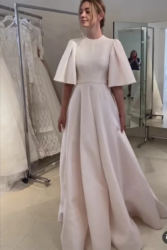 Exquisite hand - beaded wedding dressPale Pink Satin Wedding Gown with Flare Sleeves Exquisite hand - beaded wedding dressPale Pink Satin Wedding Gown with Flare Sleeves