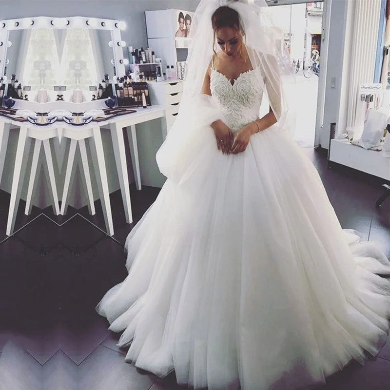 Natural - fabric - made wedding dressPearl Embroidery Beaded Tulle Princess Wedding Dresses