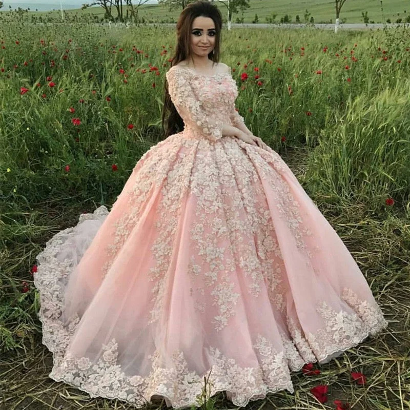 Mother - of - the - bride elegant wedding dressPink Lace Long Sleeves Ball Gowns Wedding Dresses Mother - of - the - bride elegant wedding dressPink Lace Long Sleeves Ball Gowns Wedding Dresses