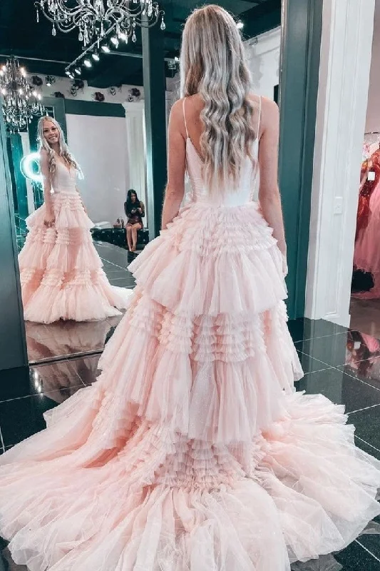 Pearl - studded wedding dress for a refined lookPrincess Pink Wedding Dress with Tulle Tiered Skirt Pearl - studded wedding dress for a refined lookPrincess Pink Wedding Dress with Tulle Tiered Skirt