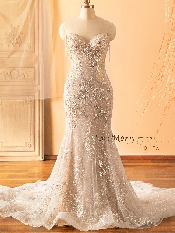 Plunging - neckline wedding dress for a bold lookRHEA / Glitter Wedding Dress with Beaded Straps Plunging - neckline wedding dress for a bold lookRHEA / Glitter Wedding Dress with Beaded Straps