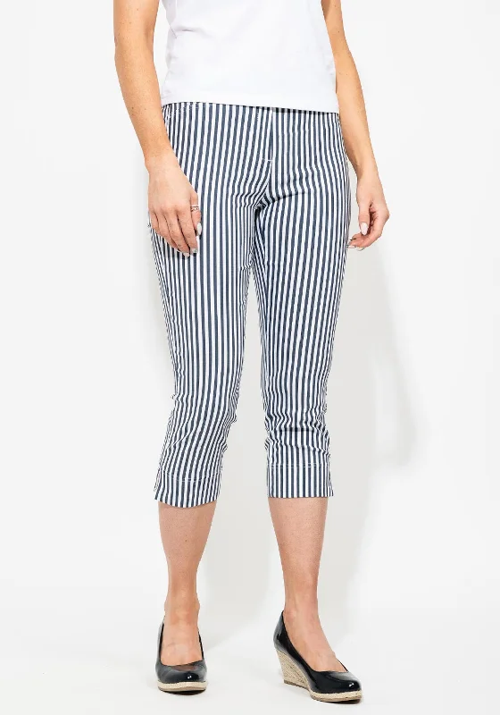 Metallic lame pants for women in a shiny styleRobell Rose 07 Cropped & Striped Stretch Trouser, White & Navy