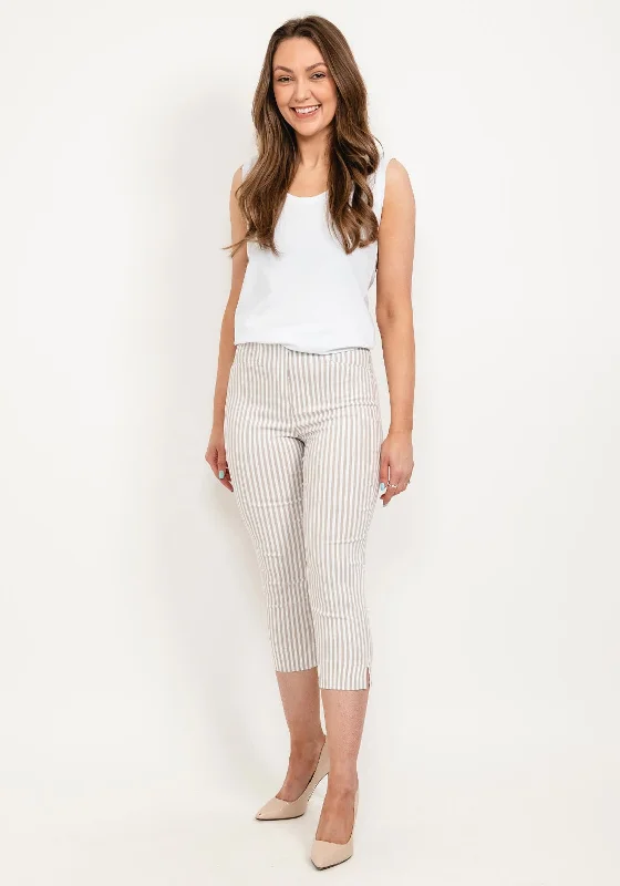 Paisley patterned pants for women in an elegant styleRobell Rose 07 Striped Slim Fit Capri Trousers, Beige & White
