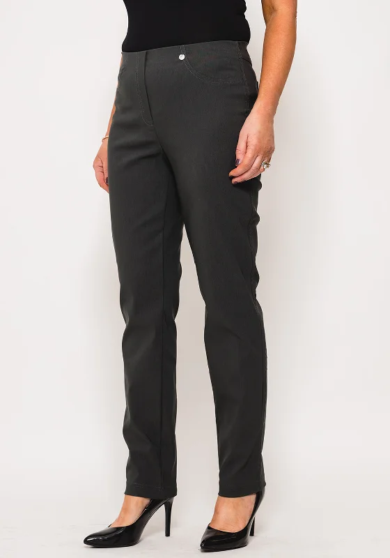 Button - fly pants for women in denimRobell Bella Full Length Stretch Trousers, Charcoal Grey