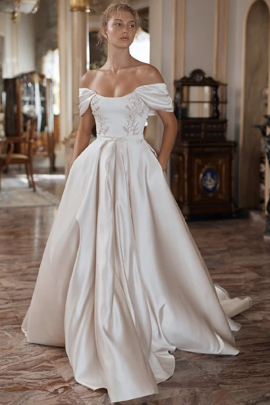 Princess - style wedding dress with a big skirtRuched Off-the-shoulder Wedding Dresses with Pockets Princess - style wedding dress with a big skirtRuched Off-the-shoulder Wedding Dresses with Pockets