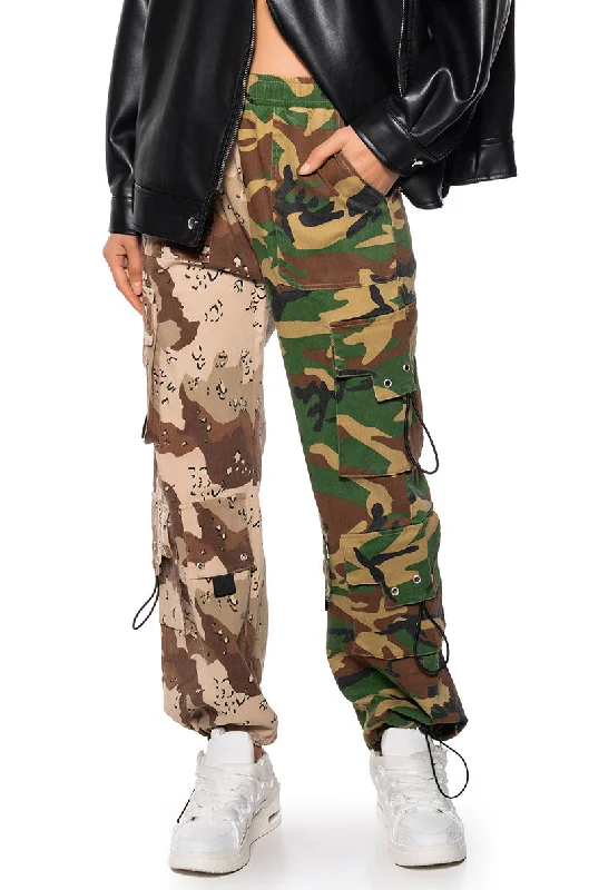 Ankle length wide leg pants for women in a versatile and stylish styleRYANN CAMO COLOR BLOCKED CARGO PANT