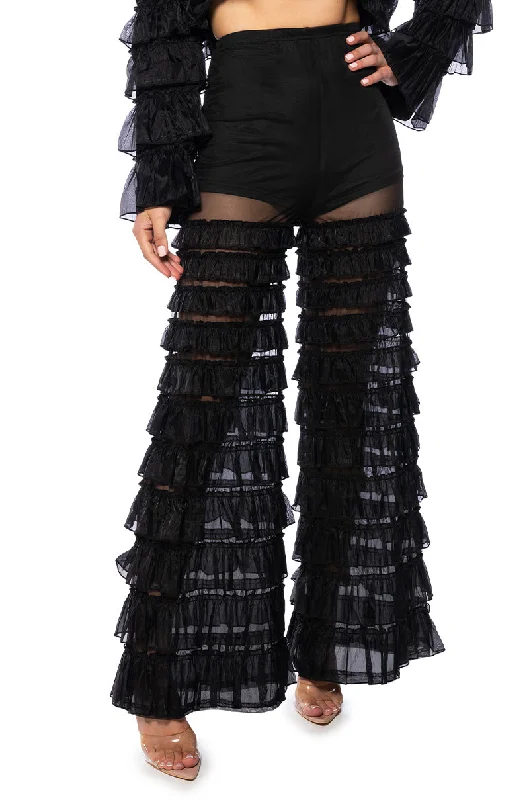 Cuffed wide leg jeans for women in a stylish and neat lookSAMIRA MESH RUFFLE FULL LENGTH PANT