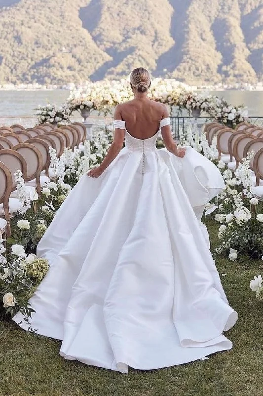 Church - suitable long - sleeved wedding dressSatin Cathedral Train Wedding Dresses with Ruched Off-the-shoulder Neckline Church - suitable long - sleeved wedding dressSatin Cathedral Train Wedding Dresses with Ruched Off-the-shoulder Neckline