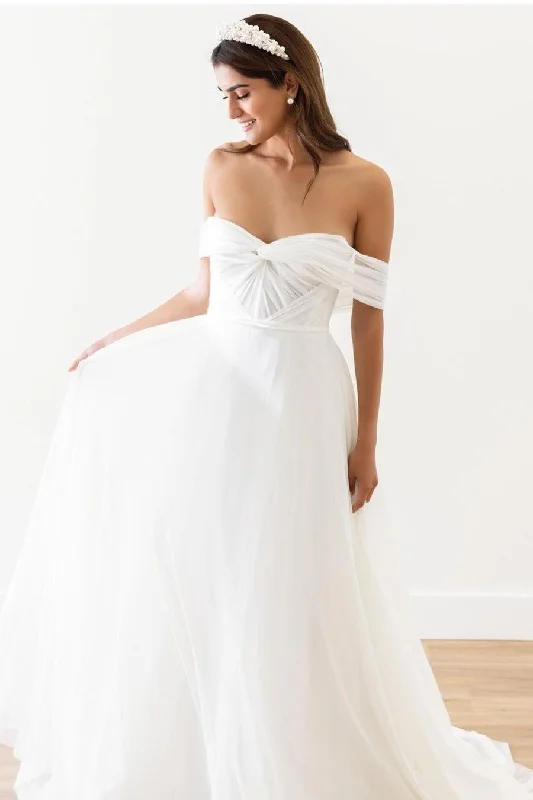 Square - neck wedding dress for a classic lookSemi-sheer Tulle Wedding Dresses with Off-the-shoulder Neckline Square - neck wedding dress for a classic lookSemi-sheer Tulle Wedding Dresses with Off-the-shoulder Neckline