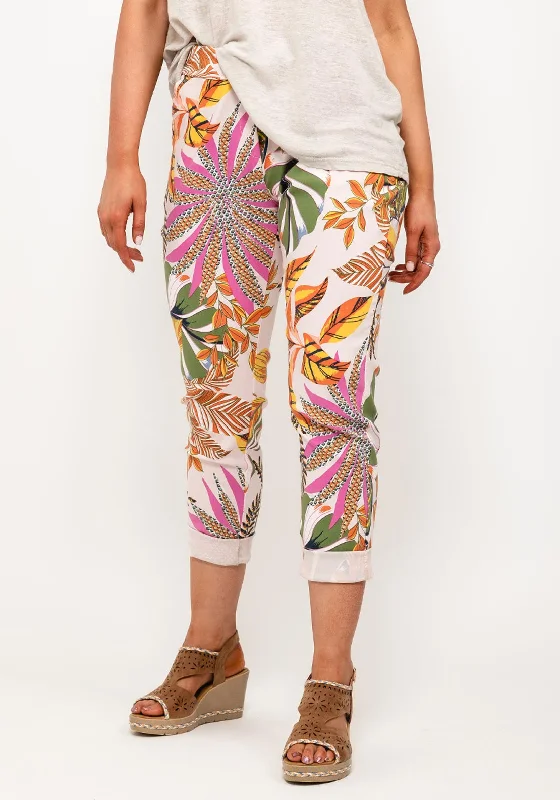 Distressed wide leg denim pants for women in a trendy and edgy styleSeventy1 One Size Tropical Slim Capri Trousers, Rose Multi