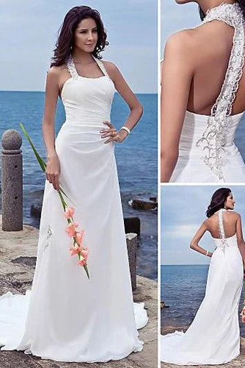 Sleeve - less wedding dress for a summer weddingsheath Halter Court Train Chiffon Wedding Dress Sleeve - less wedding dress for a summer weddingsheath Halter Court Train Chiffon Wedding Dress