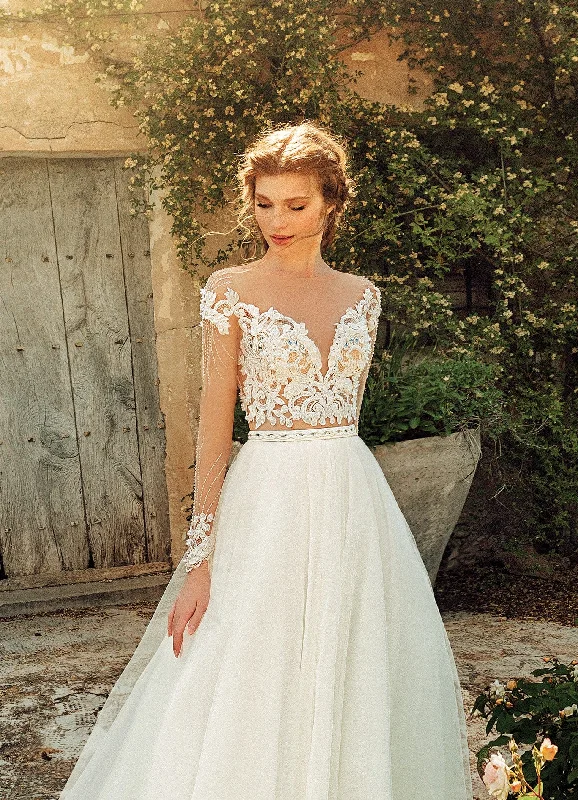 Empire - waisted tea - length wedding dressSheer Long Sleeve A-Line Wedding Dress