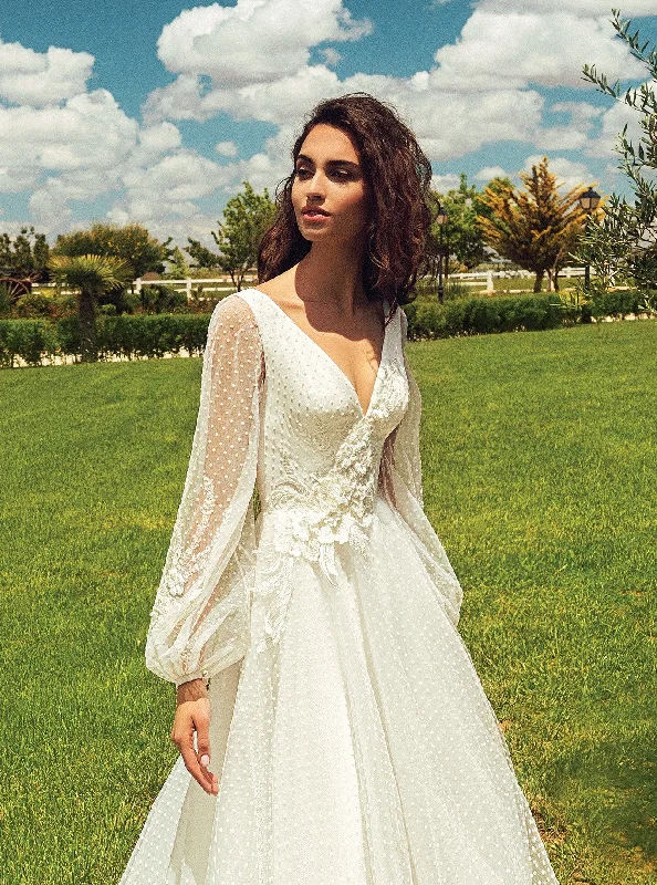 Short - and - sweet tea - length wedding dressSheer Long Sleeves Polka Dot A-Line Wedding Dress Short - and - sweet tea - length wedding dressSheer Long Sleeves Polka Dot A-Line Wedding Dress