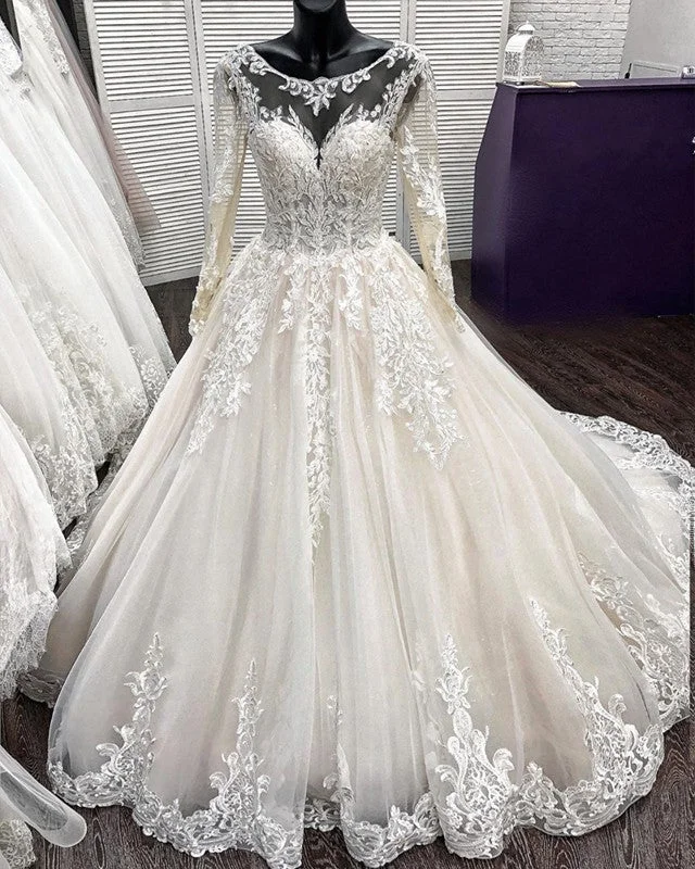 Bridal couture wedding dress by famous designerSheer Neck Wedding Dress Long Sleeves Lace Embroidery Bridal couture wedding dress by famous designerSheer Neck Wedding Dress Long Sleeves Lace Embroidery