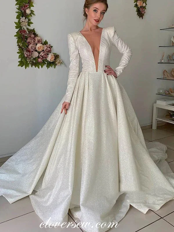 Indian - style wedding dress with intricate embroideryShining Sequin Light Ivory Long Sleeves A-line Popular Wedding Dresses, CW0242 Indian - style wedding dress with intricate embroideryShining Sequin Light Ivory Long Sleeves A-line Popular Wedding Dresses, CW0242