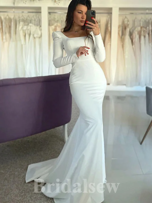 Button - down front wedding dress for a classic touchSimple Elegant Mermaid Long Sleeves Romantic Satin Beach Vintage Long Wedding Dresses WD364 Button - down front wedding dress for a classic touchSimple Elegant Mermaid Long Sleeves Romantic Satin Beach Vintage Long Wedding Dresses WD364