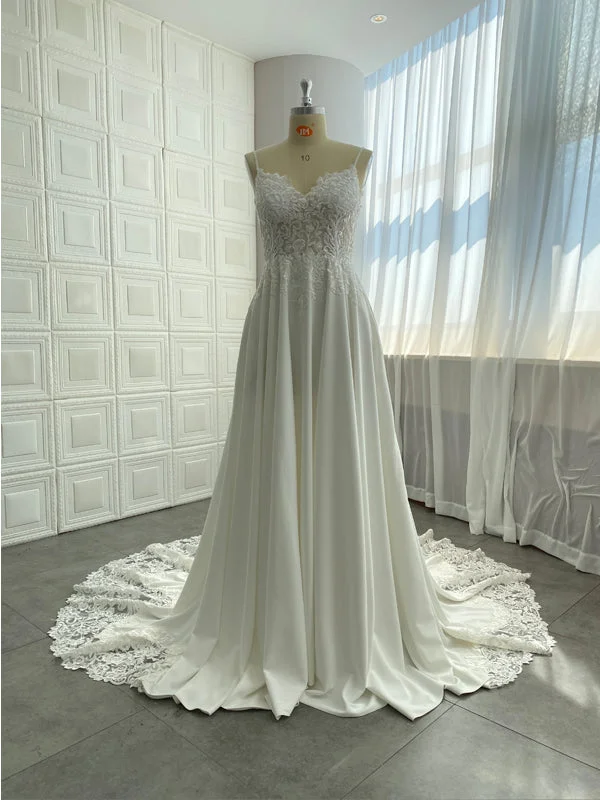 Mother - of - the - bride elegant wedding dressSpaghetti Long A-line Lace Satin Wedding Dresses, A-line Bridal Gown, Sweep Train Wedding Dresses, 2021 Wedding Dresses Mother - of - the - bride elegant wedding dressSpaghetti Long A-line Lace Satin Wedding Dresses, A-line Bridal Gown, Sweep Train Wedding Dresses, 2021 Wedding Dresses