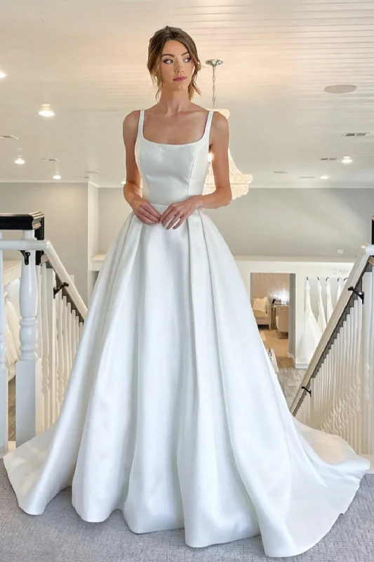 Church - suitable long - sleeved wedding dressSquare Neck Satin Wedding Dress A-line 2023 New Style Church - suitable long - sleeved wedding dressSquare Neck Satin Wedding Dress A-line 2023 New Style