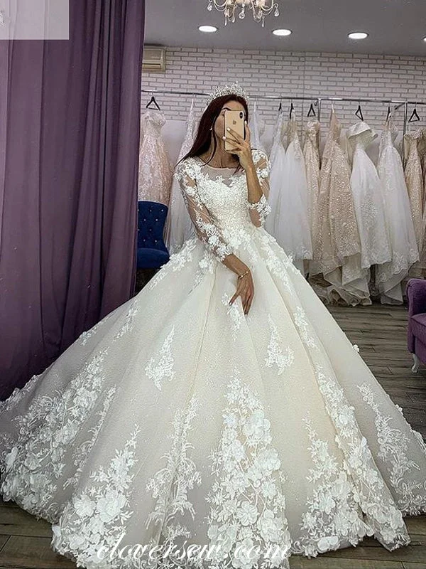 French - style wedding dress with lace detailsStunning 3D Lace Applique Long Sleeves Ball Gowm Dresses, CW0239 French - style wedding dress with lace detailsStunning 3D Lace Applique Long Sleeves Ball Gowm Dresses, CW0239