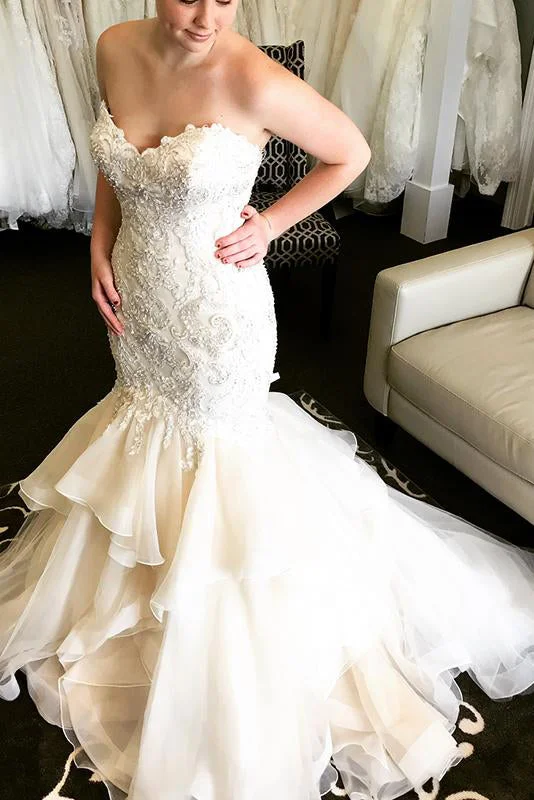 Backless sweetheart neckline wedding dressLong Ruffles Mermaid Sweetheart Ivory Wedding Dress with Lace Backless sweetheart neckline wedding dressLong Ruffles Mermaid Sweetheart Ivory Wedding Dress with Lace