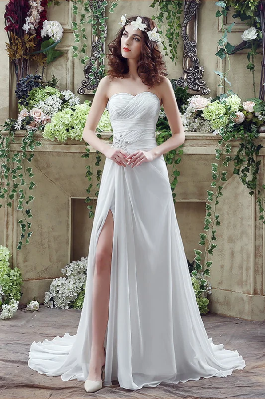 Court train A - line wedding dressLong Sweetheart A-line White Chiffon Wedding Dress with Slit Court train A - line wedding dressLong Sweetheart A-line White Chiffon Wedding Dress with Slit