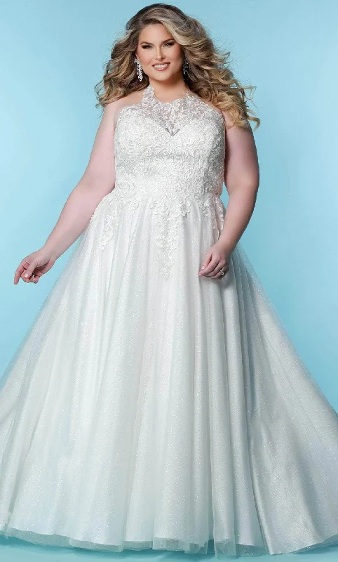Belted sheath wedding dress for a sleek lookSydney's Closet Bridal SC5284 - Halter Neck Glittered Gown