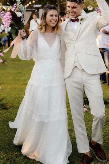 Church - suitable long - sleeved wedding dressTulle Floor-length Chapel Train A Line Long Sleeve Modest Ethereal Wedding Dress Church - suitable long - sleeved wedding dressTulle Floor-length Chapel Train A Line Long Sleeve Modest Ethereal Wedding Dress