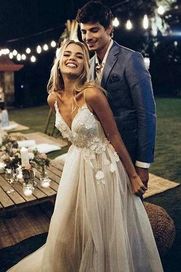S - curve - flattering mermaid wedding dressTulle Wedding Dress With Deep V-neck Open Back And Flowers And Lace Appliques