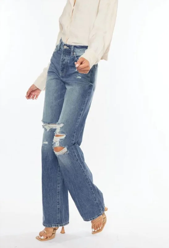 Patchwork denim pants for women in a creative designUltra High Rise 90's Wide Leg In Med Wash
