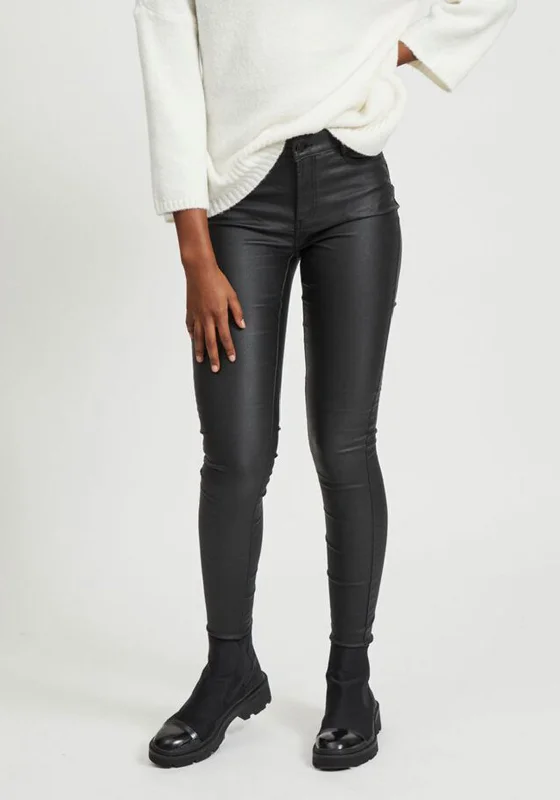 High waisted skinny pants for women in dark colorsVila Commit Coated Skinny Trousers, Black