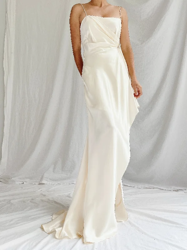 Indian - style wedding dress with intricate embroidery1990s Ivory Satin Draped Gown - XS Indian - style wedding dress with intricate embroidery1990s Ivory Satin Draped Gown - XS