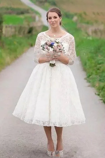 Applique - adorned mermaid wedding dressVintage 3/4 Illusion Lace Sleeve Tea-length Wedding Dress With Buttons Applique - adorned mermaid wedding dressVintage 3/4 Illusion Lace Sleeve Tea-length Wedding Dress With Buttons