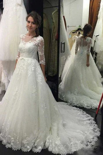 Tiered - skirt wedding dress for a voluminous lookVintage Lace A Line 3 4 Long Sleeves Sheer Neck Modest Bridal Gown Tiered - skirt wedding dress for a voluminous lookVintage Lace A Line 3 4 Long Sleeves Sheer Neck Modest Bridal Gown
