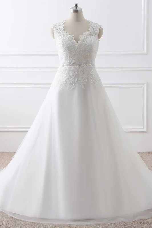 Garden - wedding - appropriate flowy wedding dressWhite Appliques Long Wedding Gowns with Beading Belt Garden - wedding - appropriate flowy wedding dressWhite Appliques Long Wedding Gowns with Beading Belt