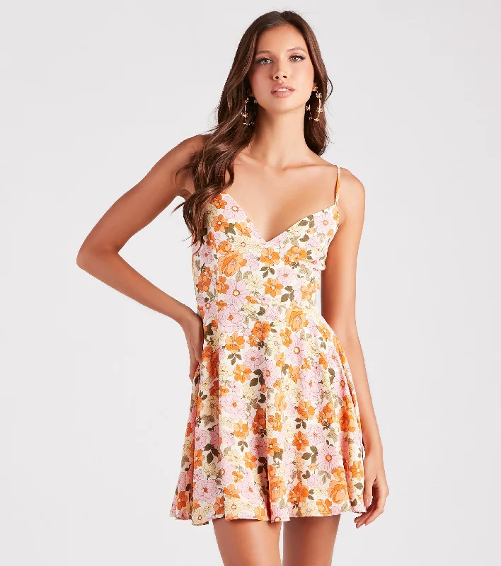 Satin Dresses with Embroidered Bodice for Ladies' Timeless Look70s Groove Floral Tie-Back Skater Dress Satin Dresses with Embroidered Bodice for Ladies' Timeless Look70s Groove Floral Tie-Back Skater Dress