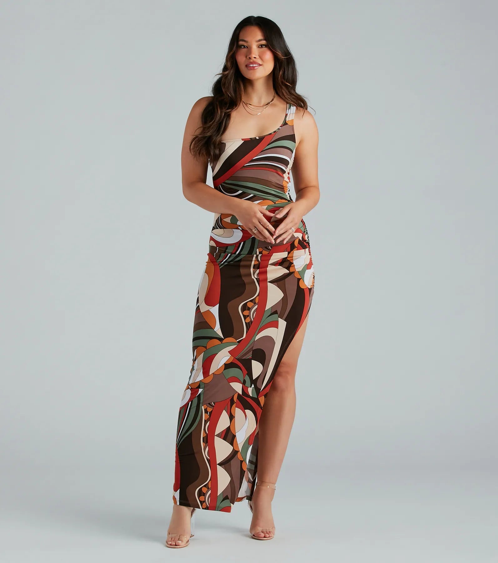 Printed Dresses with Geometric Patterns for Ladies' Modern AestheticArtsy Dreamer One Shoulder Abstract Maxi Dress Printed Dresses with Geometric Patterns for Ladies' Modern AestheticArtsy Dreamer One Shoulder Abstract Maxi Dress