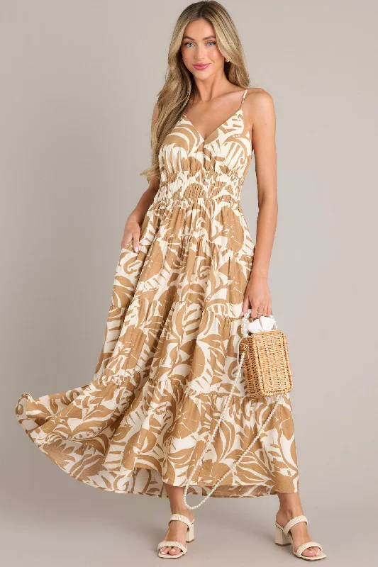 Taffeta Dresses with Pleated Bodice for Ladies' Structured LookCaribbean Dream Tan Tropical Print Maxi Dress Taffeta Dresses with Pleated Bodice for Ladies' Structured LookCaribbean Dream Tan Tropical Print Maxi Dress