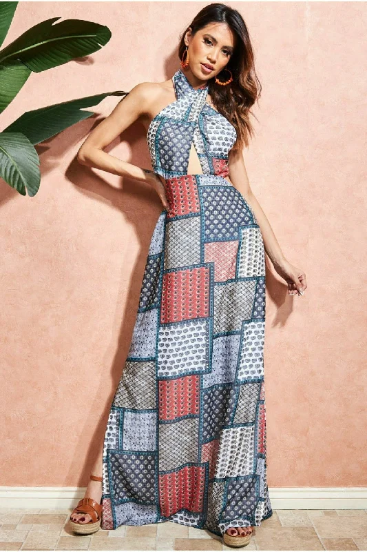 Dresses with Sequined Hearts and Ruffled Hem and Satin and Lace Combo and Bow at the Waist for Ladies' Romantic and Sweet LookCity Goddess Halter Neck Printed Maxi Dress - Blue Dresses with Sequined Hearts and Ruffled Hem and Satin and Lace Combo and Bow at the Waist for Ladies' Romantic and Sweet LookCity Goddess Halter Neck Printed Maxi Dress - Blue