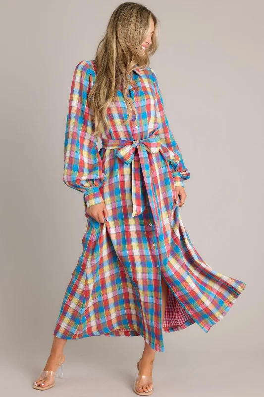 Dresses with Metallic Studs for Ladies' Edgy StyleClosing That Door Blue Multi Plaid Maxi Dress Dresses with Metallic Studs for Ladies' Edgy StyleClosing That Door Blue Multi Plaid Maxi Dress