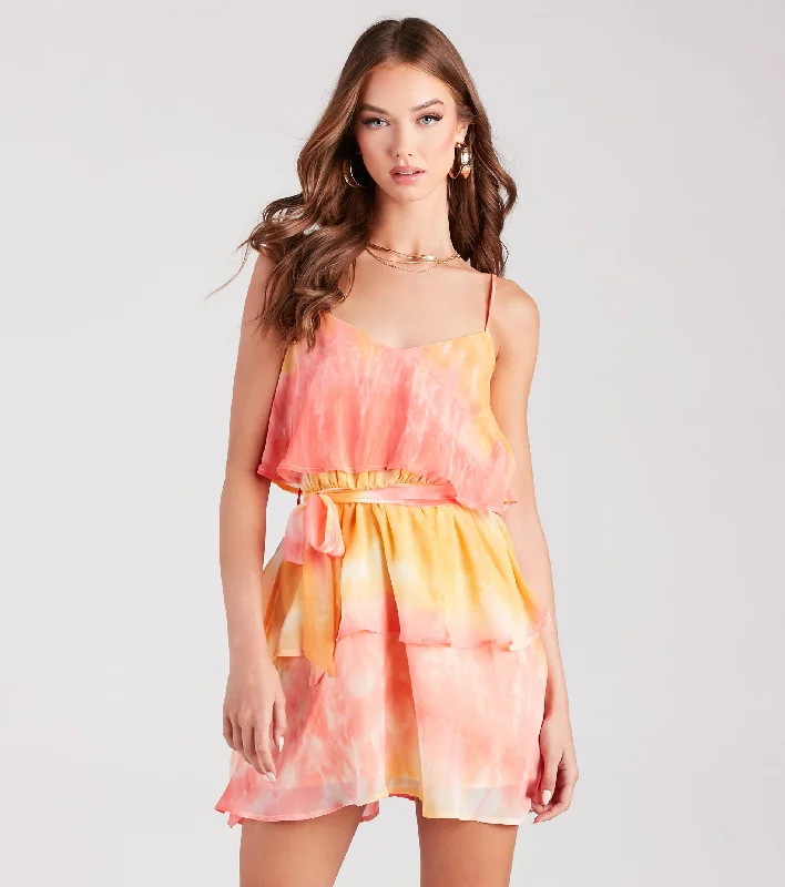 Strapless Cotton Dresses for Ladies' Beachside RelaxationDaydreamer Tie-Dye Ruffled Chiffon Mini Dress Strapless Cotton Dresses for Ladies' Beachside RelaxationDaydreamer Tie-Dye Ruffled Chiffon Mini Dress