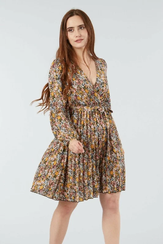 Dresses with Embroidered Party Animals for Ladies' Fun Themed OutfitDouble Second Mix Col Pleated Wrap Dress Dresses with Embroidered Party Animals for Ladies' Fun Themed OutfitDouble Second Mix Col Pleated Wrap Dress