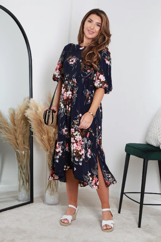 Dresses with High Neck and Embroidered Back for Ladies' Modest and Intricate LookDouble Second Navy Floral Printed A-line Tiered Dress Dresses with High Neck and Embroidered Back for Ladies' Modest and Intricate LookDouble Second Navy Floral Printed A-line Tiered Dress