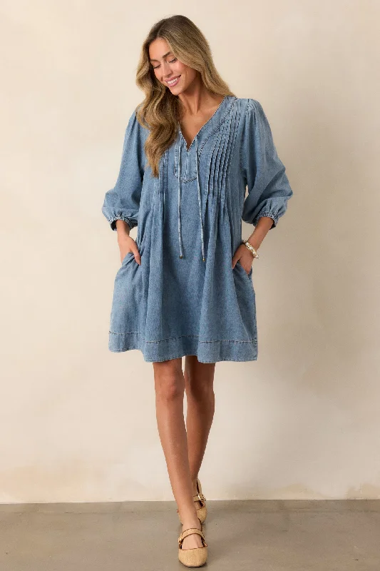 Dresses with Satin Trimmed Collar for Ladies' Classic LookEndless Possibilities Light Wash Denim Mini Dress