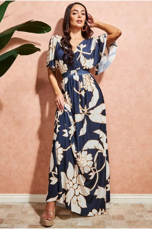 Dresses with Embroidered Tribal Patterns and Satin Sash for Ladies' Cultural and Glamorous LookGoddiva Leaf Print Flutter Sleeve Maxi Dress - Navy Dresses with Embroidered Tribal Patterns and Satin Sash for Ladies' Cultural and Glamorous LookGoddiva Leaf Print Flutter Sleeve Maxi Dress - Navy