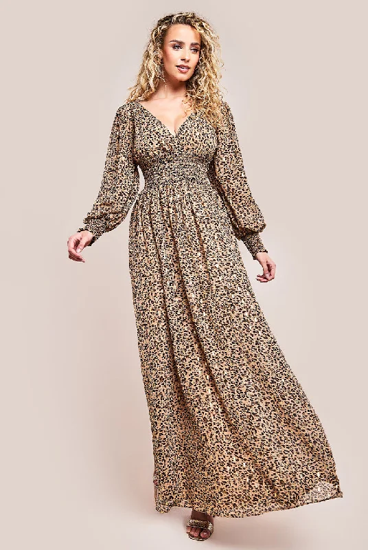 Dresses with Beaded Floral Wreath on the Bodice for Ladies' Delicate and Festive LookGoddiva Long Sleeve Maxi Shirred Waistband - Animal Print Dresses with Beaded Floral Wreath on the Bodice for Ladies' Delicate and Festive LookGoddiva Long Sleeve Maxi Shirred Waistband - Animal Print